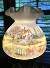 Fenton  New Pricing Opal Satin Cottage Scene Lamp 1993