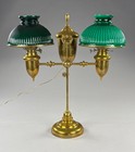 Antique Victorian Era Brass Double Student Lamp With Case Glass Shades