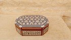 Vintage Handmade Mosaic Jewelry Box - Mother Of Pearl Inlay - Octagonal Wood Kee
