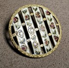 Antique French Enamel Button X Large Cloisonne Champleve Stripes Roses Vines