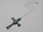 Heavy Vintage Navajo Indian Sand Cast Sterling Silver Turquoise Cross Pendant