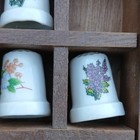 Lot Of Floral Porcelain Sewing Thimbles With Wooden Display Case