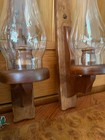 Pair Of Vtg Wooden Wall Sconces Candle Holders Woodcraftery W Glass Chimneys 25 