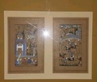 Vintage Persian Miniature Paintings Diptych  Equestrian Hunting  Village Scenes
