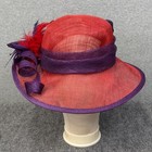 Kentucky Derby Hat Sun Womens 7 Red Purple Straw Mesh Wide Brim Bow Church