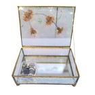 Vintage Brass Glass Music Box Pressed Flowers Etched Side Footed Jewelry Trinket