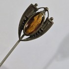 Antique Stickpin Harp Oval Amber Stone Hat Pin Victorian Art Nouveau 