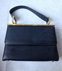 Vintage 1950s Nicholas Reich Navy Alligator   embossed Leather Top Handle Bag Gold