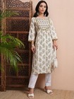 Indian Women Cotton Cream   Mustard Floral Printed Kurta Kurti Top Tunic Dress