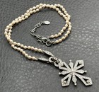 Vintage Monet Silver Tone Faux Pearl Crystal Cross Pendant Necklace Statement