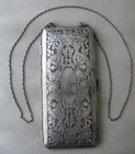 Antique Art Nouveau Silver Metal Powder Coin Holder Leather Card Case Purse