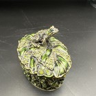 Jeweled Green Frog On Lily Pad Metal Trinket Box Enamel Rhinestone 