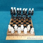 Vtg Carved Stone Black white Quartz Chess Set W  32 Pieces   Board 