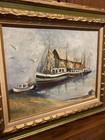 Vintage Signed Wood Framed Oil On Board Boats Dock Seascape Sails