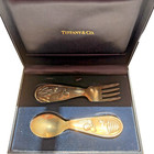 Tiffany   Co  Sterling Silver 925 Honeybee Beehive Baby Spoon Fork Set Boxed