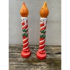 Vtg Set Of 2 Blow Mold Candle Sticks W Holly And Red White Stripes 38 In Guc 