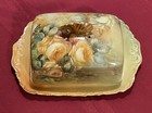 Antique 1910 Tressemane Vogt Limoge Butter Dish Signed T   V Green Gold Flowers