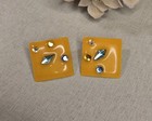  Vintage 80s Earrings Square Yellow Enamel On Metal W  Rhinestones Pierced Used