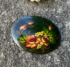 Vintage Russian Hand   painted Black Lacquer Floral Brooch     Signed  Folk Art Styl