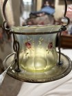 English Sweetmeat Or Preserve Pot   Twelve  Lobe Vaseline Glass Insert W roses 