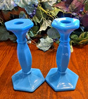 Vintage 1920s Cambridge Glass Opaline Azurite Candlesticks Pair Hexagon Heavy