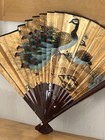 Vintage Wooden Paper Fan Water Lilies Birds Decoration Decor Gold Signed 33  W