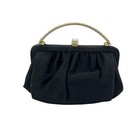Vintage Small Black Silk Cloth Evening Purse Gold Metal Rhinestone Handle 5x6