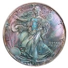 1986-p Pcgs Ms67 Silver Eagle   -bleed Toning- Vibrant Rainbow Toned  video 