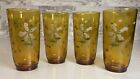 Vintage Set Of 4 Amber Enamel Floral Cocktail Water Glasses Tumblers Mcm Brazil