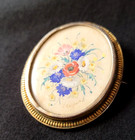 French Antique Art Nouveau 1900 s Handpainted Flowers Signed Brooch Glass