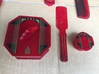 Vintage Art Deco Dresser Vanity Set Red Catalin Bakelite Celluloid Box Mirror