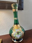 Antique Czech Emerald-green Glass Bohemian Gold Gilt Vase Hand-painted Vtg 9 5   