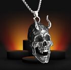 Large Skull W horns Silver Plated Pendant Necklace Biker Punk Goth Satanic Demon