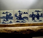 U21556 Antique Chinese Blue White Porcelain Figural Tiles Set Of 3 Qing  G2u