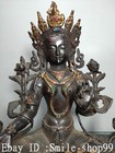 13  Old Tibetan Pure Bronze Gild Gem Green Tara Mahayana Goddess Buddha Statue