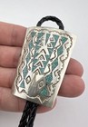 Vtg Navajo Nickel Silver Crushed Chip Turquoise Flush Inlay Stamped Bolo Tie