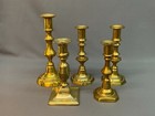 5 Antique 19th Century Polished Brass Push Up Candlesticks Mixed Lot  a 