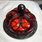 Red Glass Caged Vase Jar 24 Oz W  Black Metal Scroll Lid Victorian Vintage