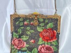 Vintage Micro Beaded Purse Rose Floral Frame Jeweled Clasp W  Mirror Insert