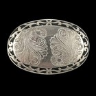 Western Silver Tone Oval Belt Buckle Engraved Paisley Floral Scroll Filigree