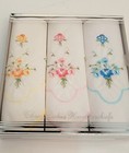 New Handkerchief Linen Set 3 Roses Embroidery Hankie Wedding Vtg Something Blue 