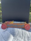 Vintage Playskool Wooden Pull Wagon With Multi-color Blocks And Antique Top