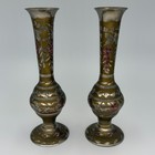 Vintage Minakari Brass Bud Vases Pair Hand-etched Enameled - India