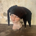 Vintage 1920s 1930s Jester Hat Headpiece Brown   Black Silk Velvet Clown Bells