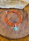 Genuine Mediterranean Coral Beaded Necklace With Turquoise Sterling Pendant