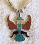 Navajo Indian Sterling Silver Turquoise Coral Jet Inlay Kachina Figures Necklace