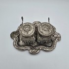 Vintage Late 19th Century Silver Plate Double Inkwell Inkstand Cut Glass Cherub