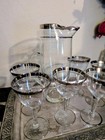 Mid-century Modern Barware  Silver Rim Martini Pitcher And 6 Martini Glasses
