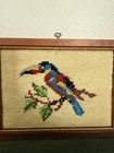 Vintage Framed Needlepoint Artwork Hand Stitched Toucan Bird On A Branch