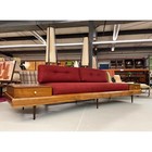 Restored Red Adrian Pearsall 1709-s Style Platform Sofa With Walnut End Tables